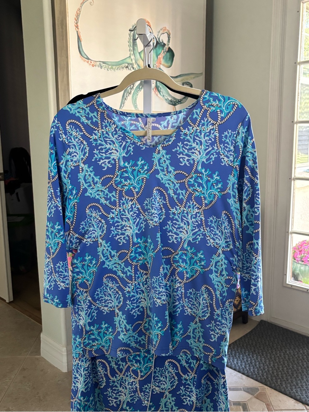 #063 Lulu-B Blue & Aqua Coral Reef Print 3/4 Sleeve Tunic